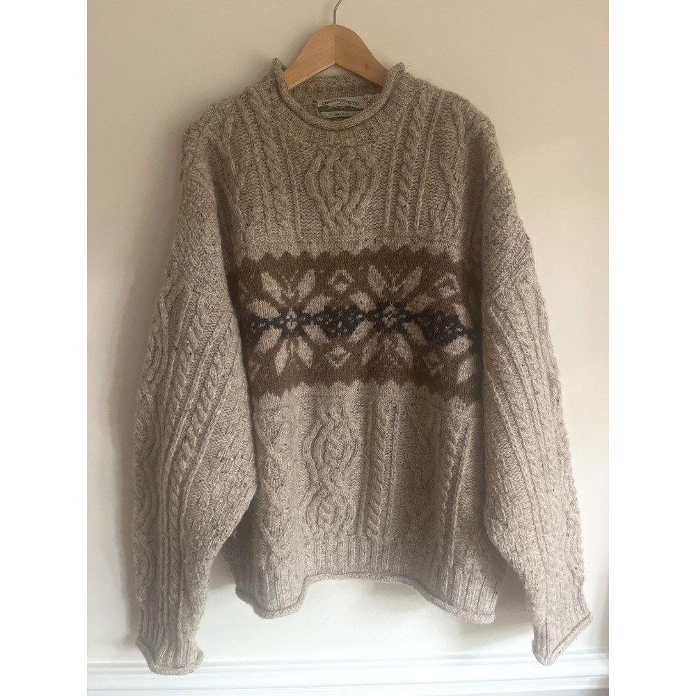 Aran Crafts Ireland 100% Wool Sweater Mens XL Beige Brown